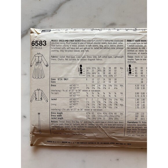 Vintage Simplicity Pattern 6583 Women’s Dress & Lined Jacket Size 16 Uncut 1984 - Picture 6 of 8